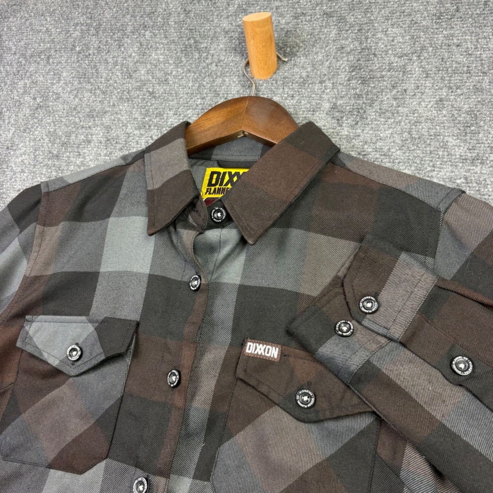 Dixxon Flannel Valencia Women M Brown Grey Plaid D-Tech Button Up Shirt 0048